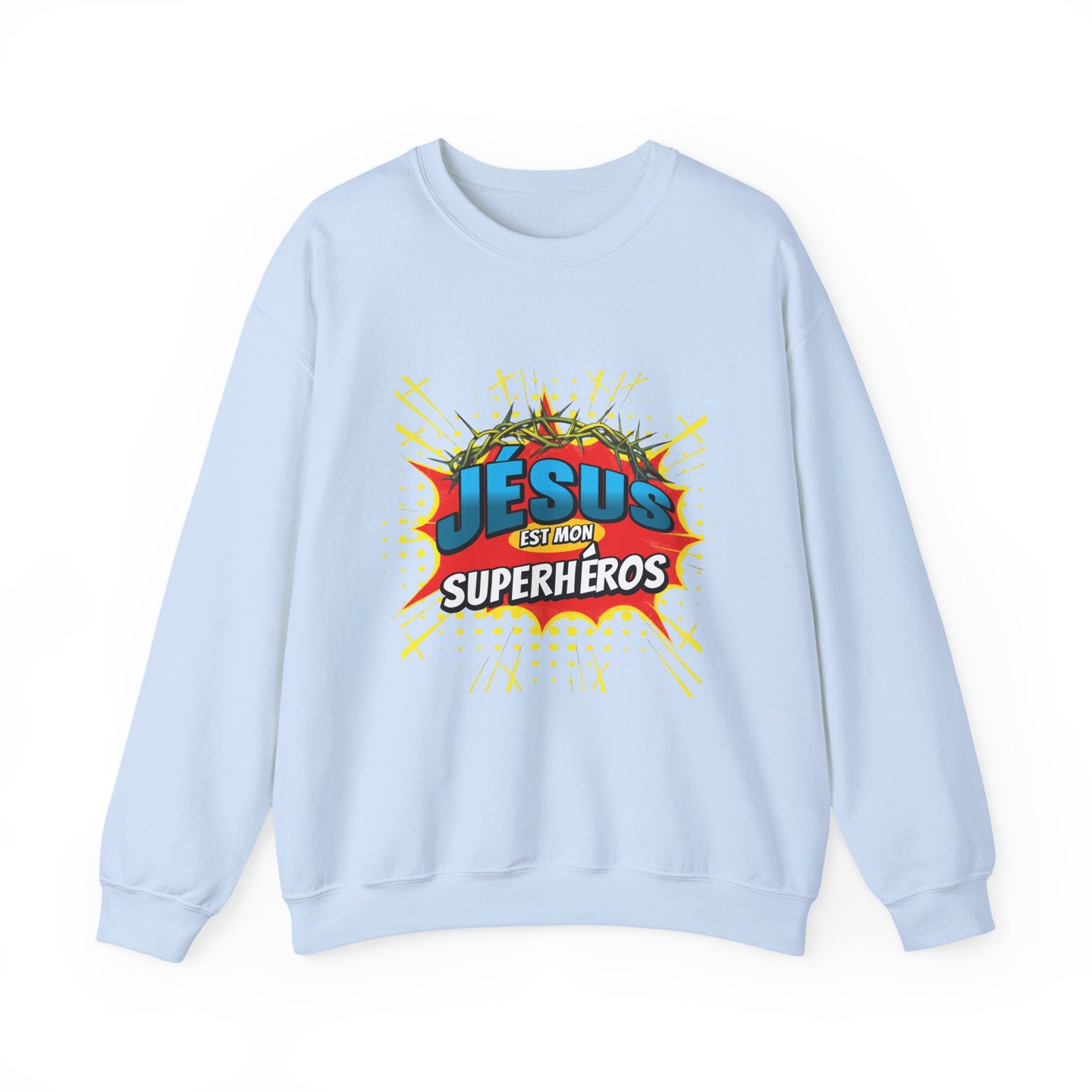 Sweatshirt bleu clair avec une illustration style comics représentant une couronne d'épines.