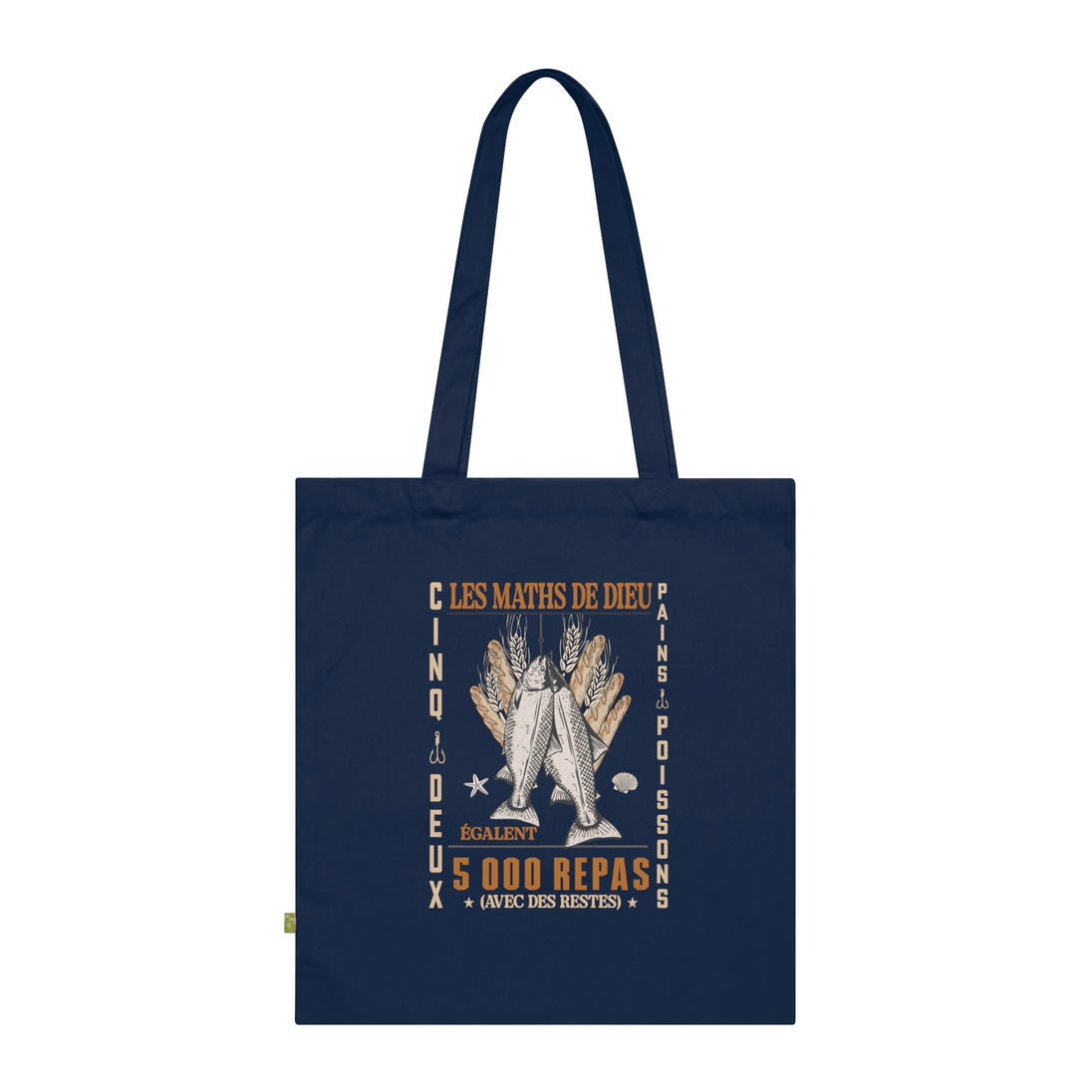 Tote bag bleu marine en coton biologique orné d'une illustration de pains et de poissons.