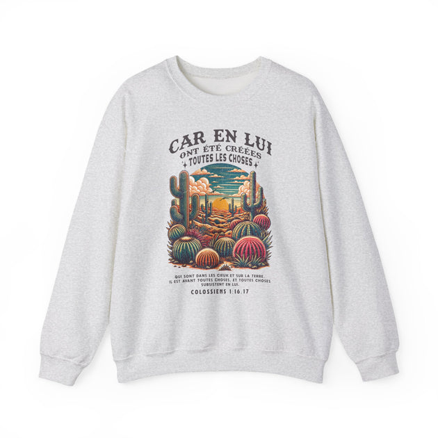 Sweat-shirt gris chiné avec une illustration de cactus et un texte biblique en français.