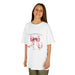T-shirt blanc enfant avec nœud aquarelle rose et texte biblique Jacques 1:17.