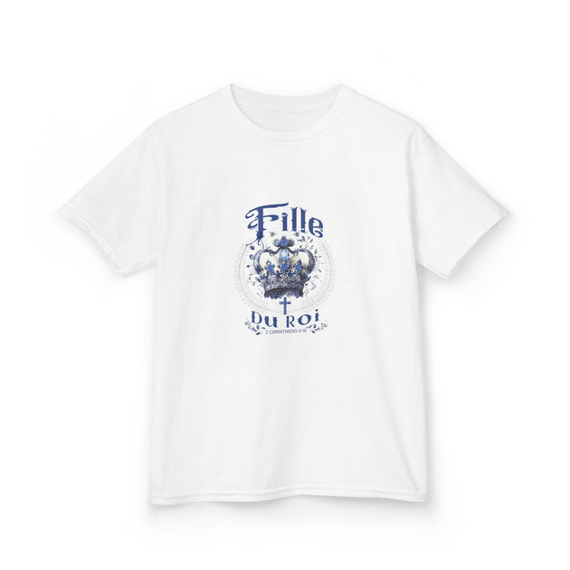 T-shirt blanc enfant avec couronne bleue et texte Fille du Roi, 2 Corinthiens 6:18.