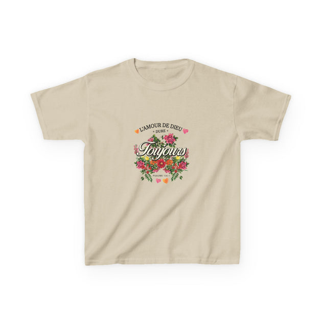 T-shirt beige pour enfant orné d'un motif floral et de l'inscription L'Amour de Dieu.