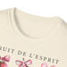T-shirt beige chiné à col rond avec l'inscription Fruit de l'Esprit et des motifs de cerises.