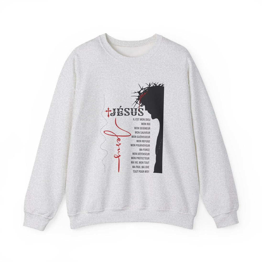 Sweat-shirt gris chiné pour femme avec une illustration de Jésus et des inscriptions religieuses.