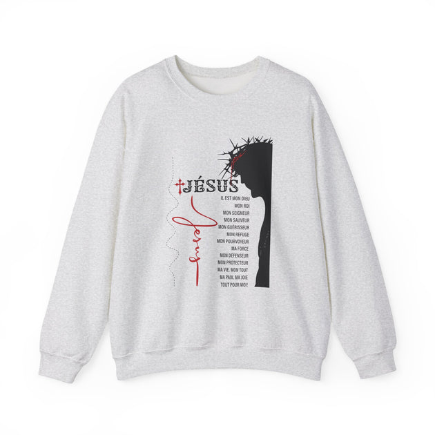 Sweat-shirt gris chiné pour femme avec une illustration de Jésus et des inscriptions religieuses.