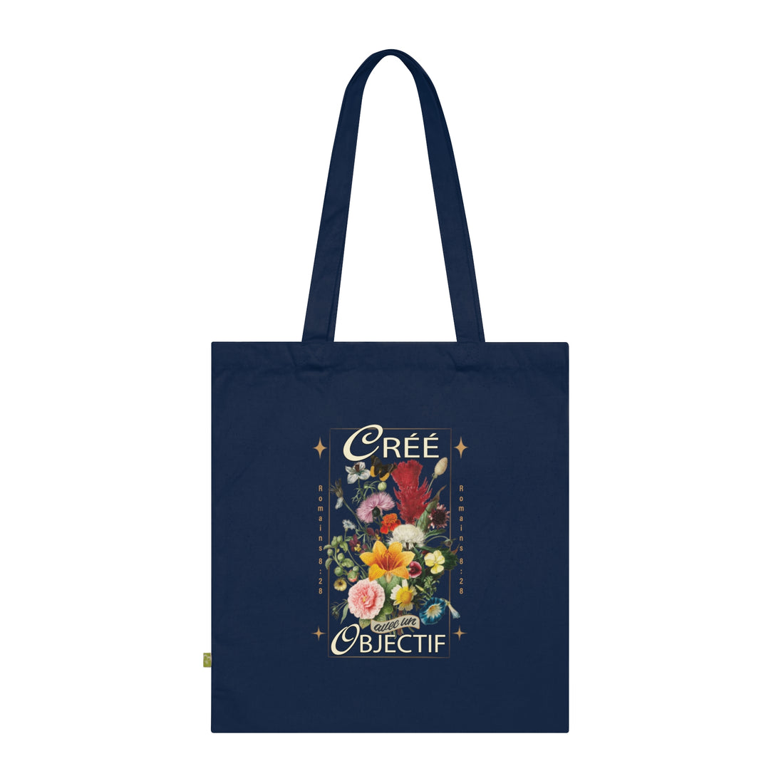Tote bag bleu marine en coton biologique orné d'un bouquet floral et de l'inscription Créé Objectif.