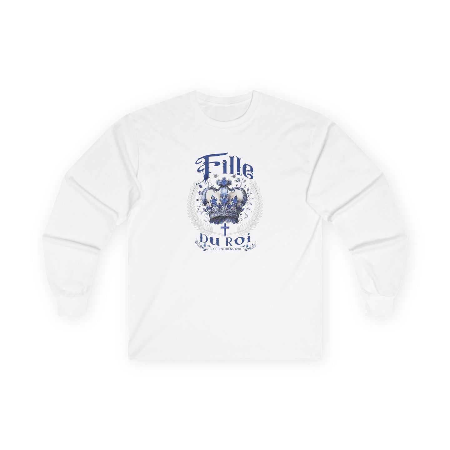 T-shirt blanc à manches longues pour femme avec une couronne bleue et l'inscription Fille du Roi.