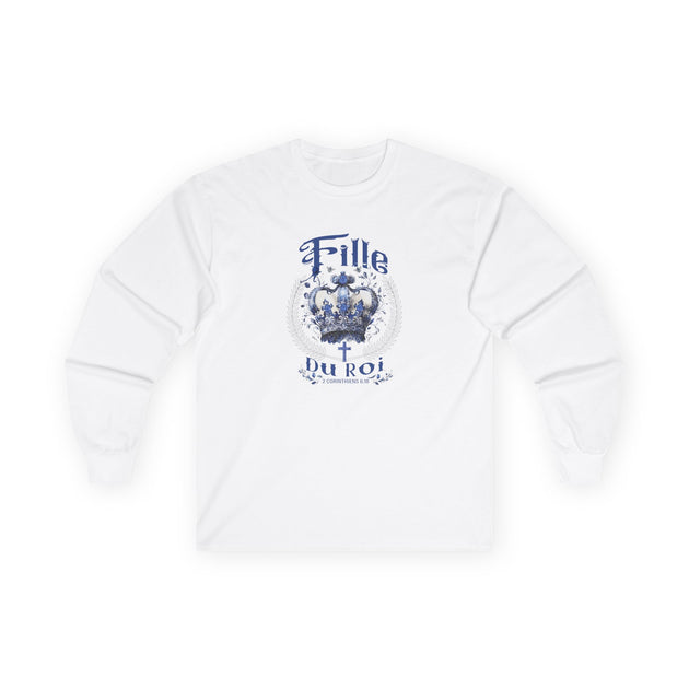 T-shirt blanc à manches longues pour femme avec une couronne bleue et l'inscription Fille du Roi.