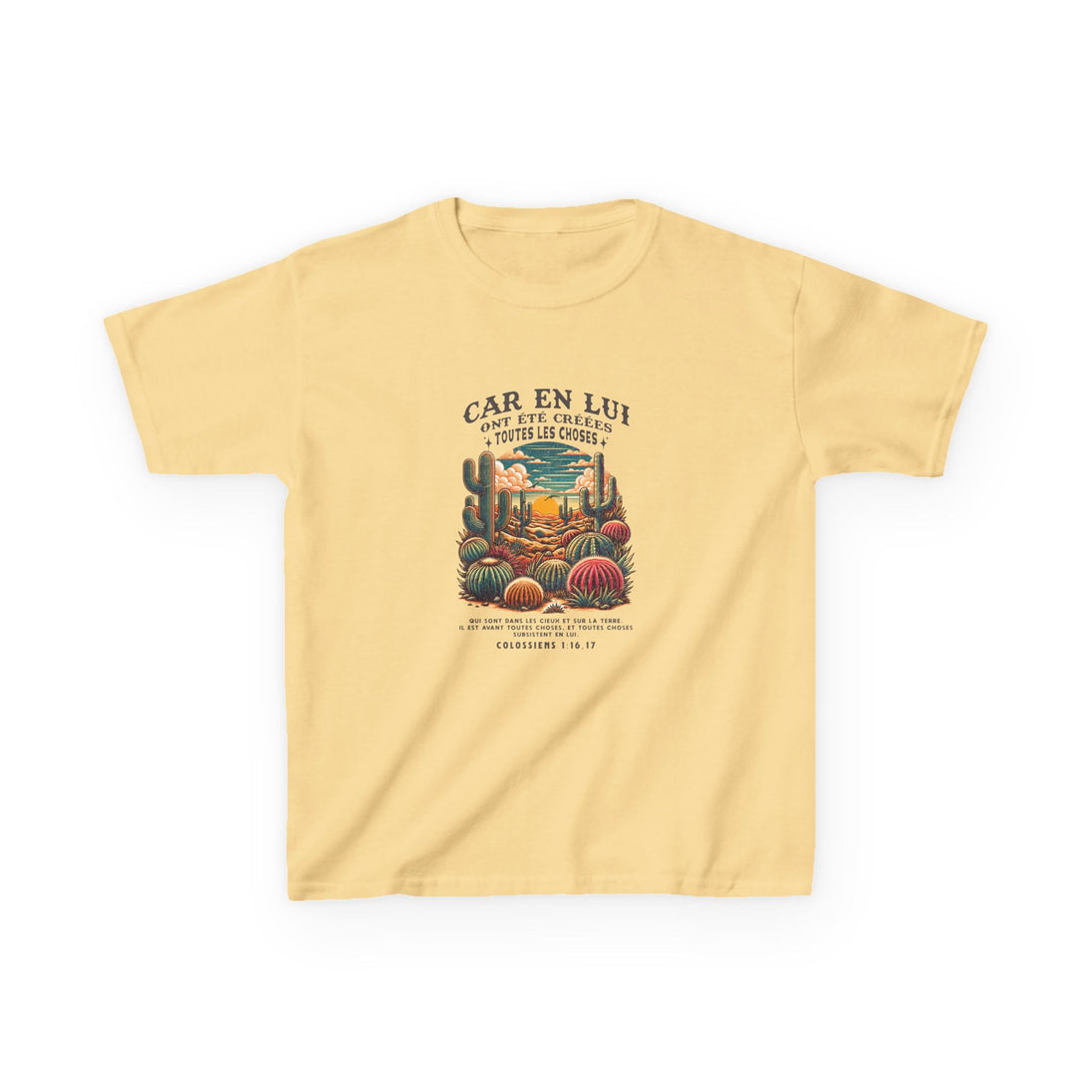 T-shirt jaune pour enfant avec une illustration de désert et un texte biblique en français.