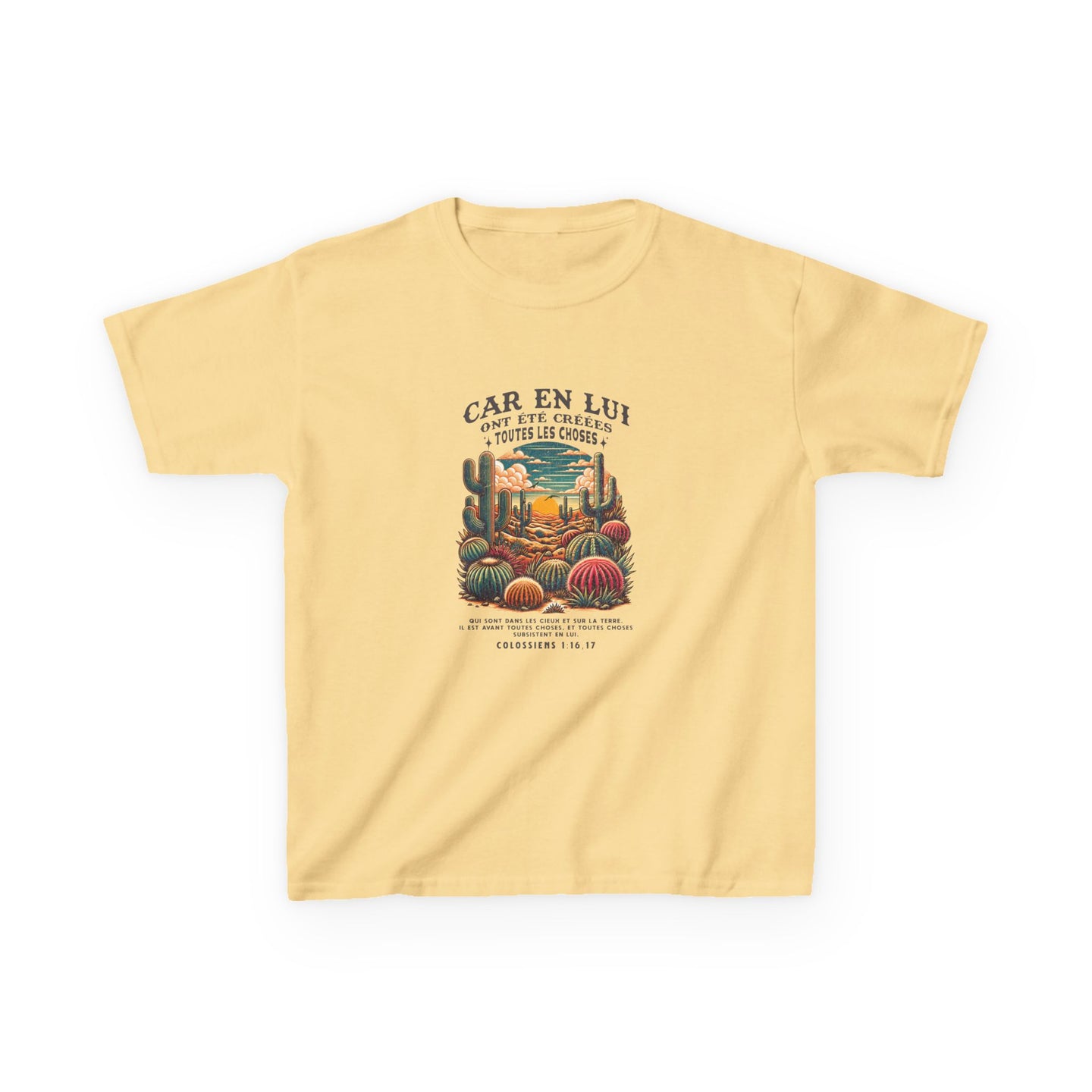 T-shirt jaune pour enfant avec une illustration de désert et un texte biblique en français.