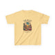 T-shirt jaune pour enfant avec une illustration de désert et un texte biblique en français.