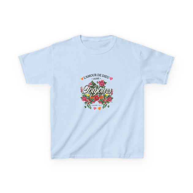 T-shirt bleu clair pour enfant avec un motif floral et l'inscription L'Amour de Dieu Toujours.