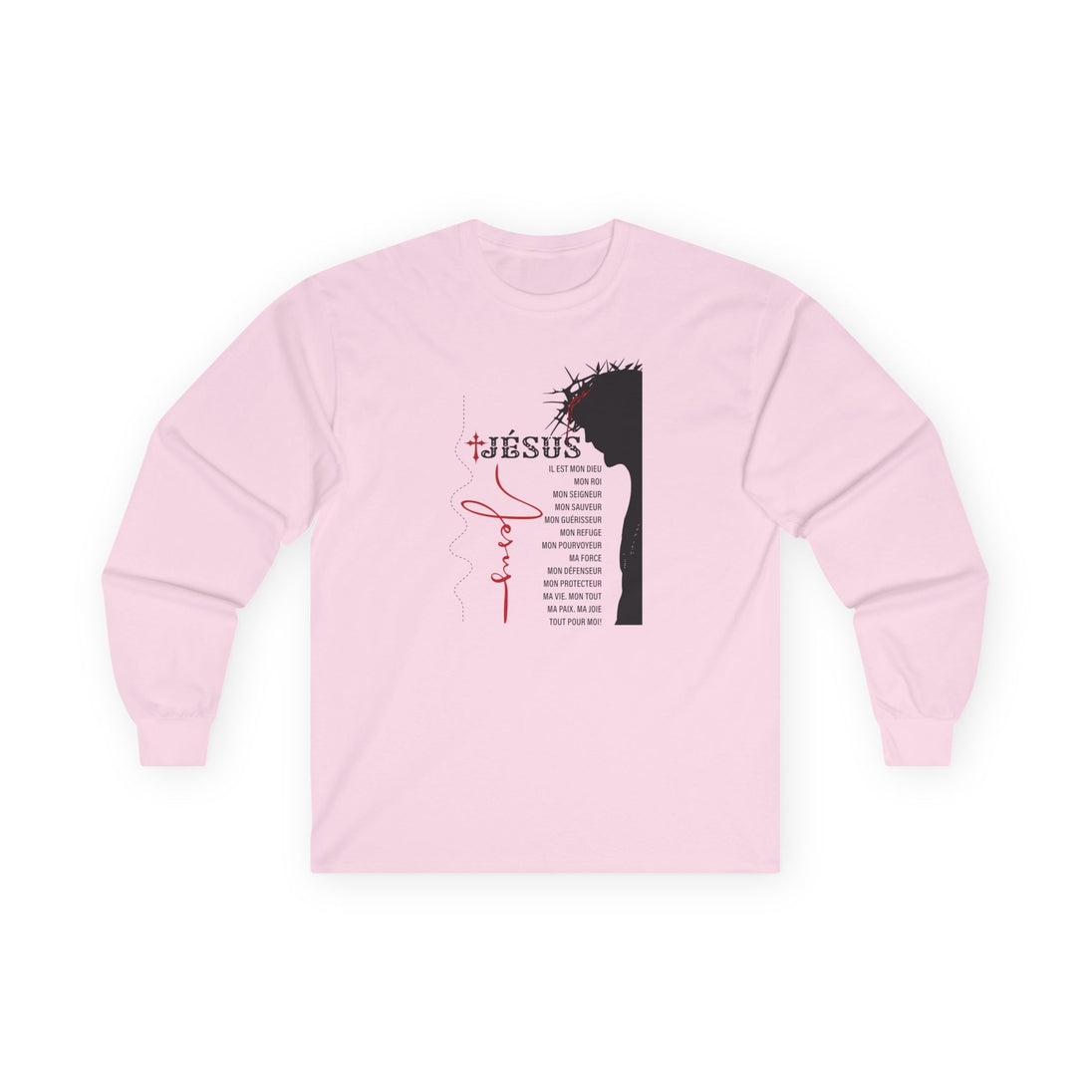 T-shirt rose à manches longues pour femme avec une illustration religieuse et du texte en français.