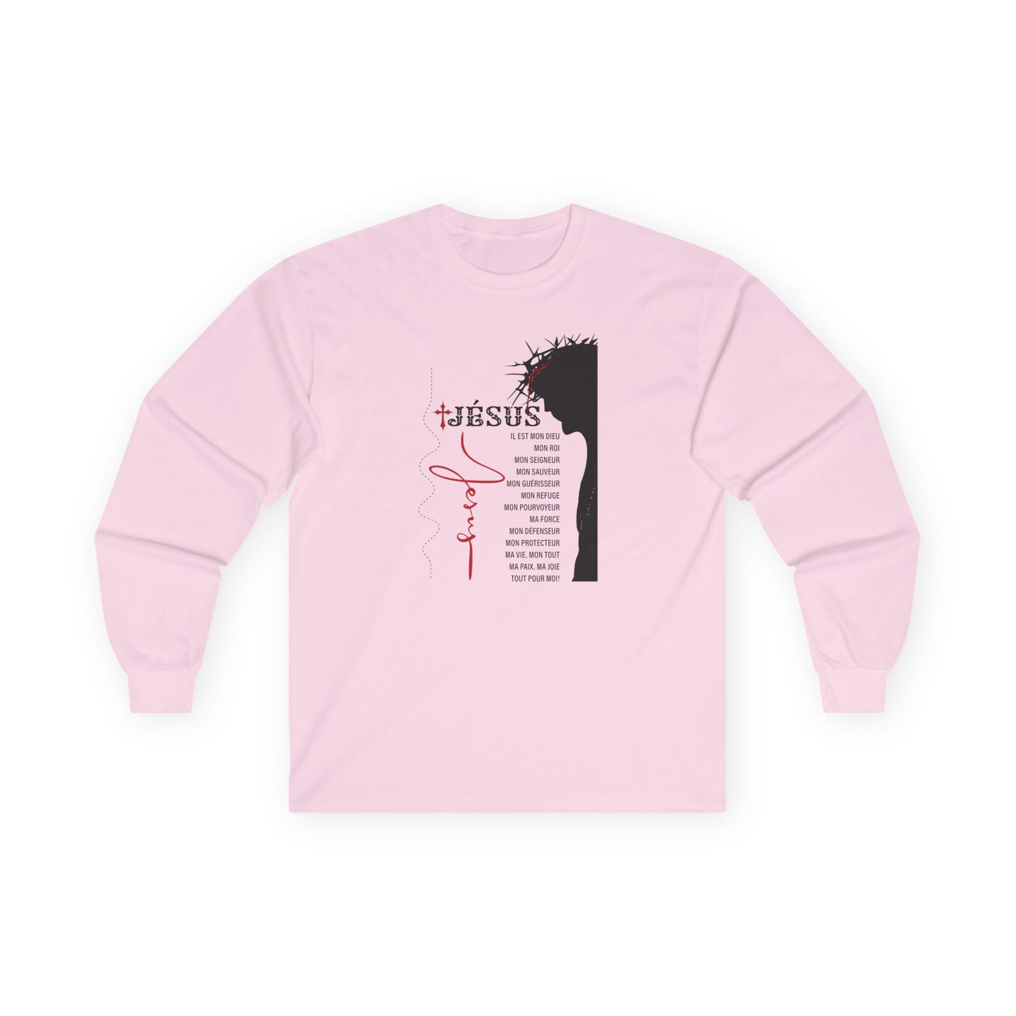 T-shirt rose à manches longues pour femme avec une illustration religieuse et du texte en français.