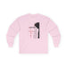 T-shirt rose à manches longues pour femme avec une illustration religieuse et du texte en français.
