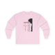 T-shirt rose à manches longues pour femme avec une illustration religieuse et du texte en français.