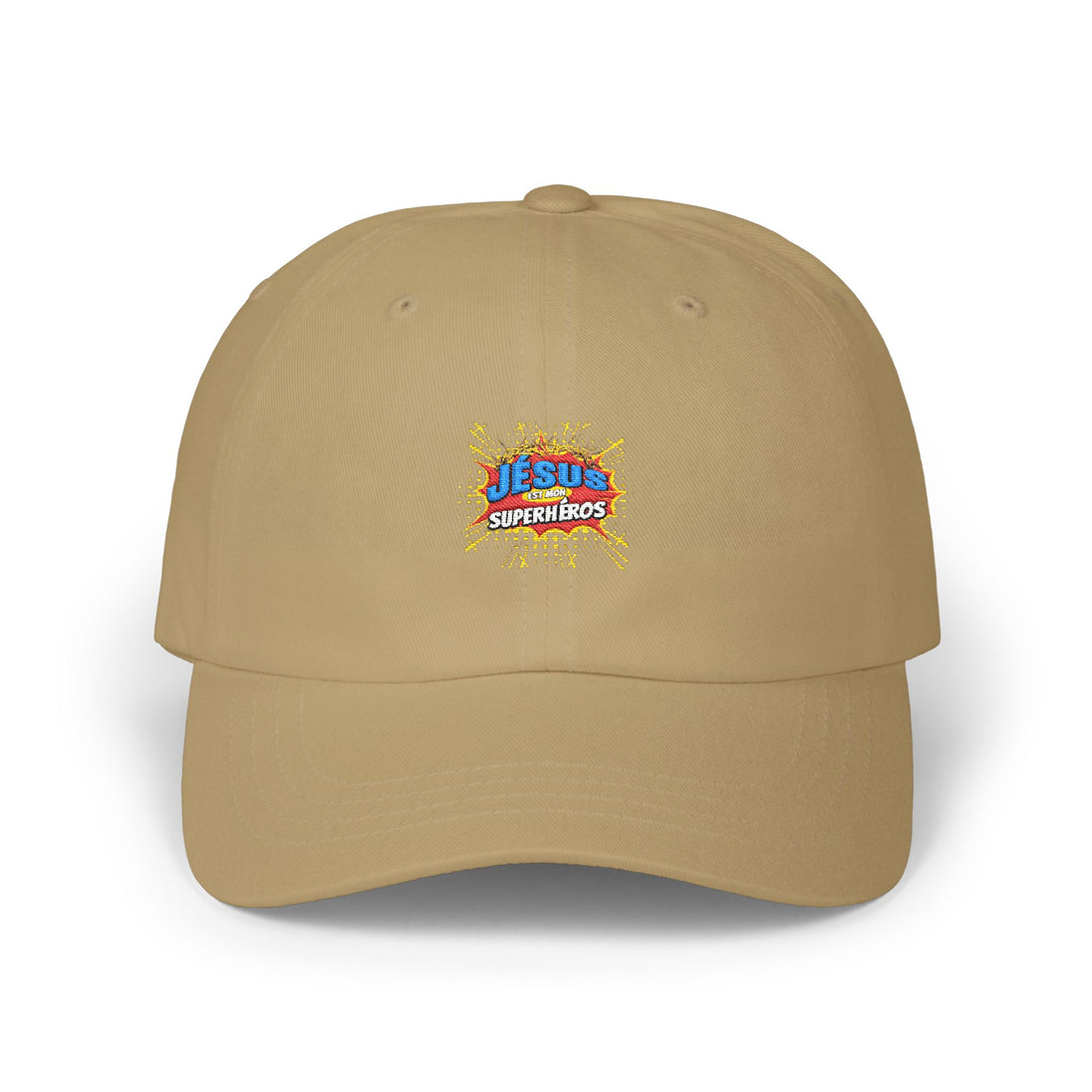 Casquette beige en coton avec le logo brodé Jésus est mon superhéros sur le devant.