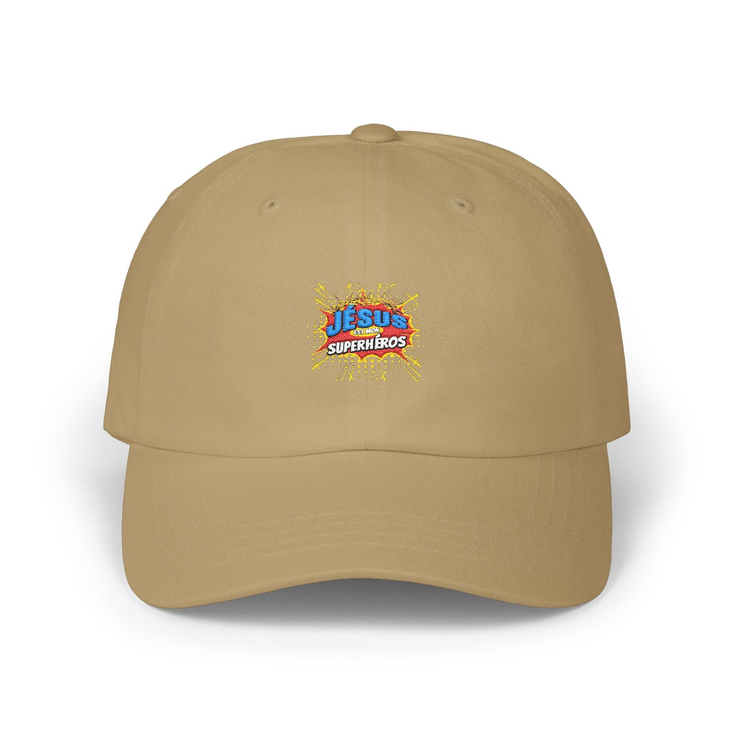 Casquette beige en coton avec le logo brodé Jésus est mon superhéros sur le devant.