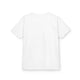 T-shirt blanc pour enfant à manches courtes, présenté de dos sur un fond uni.