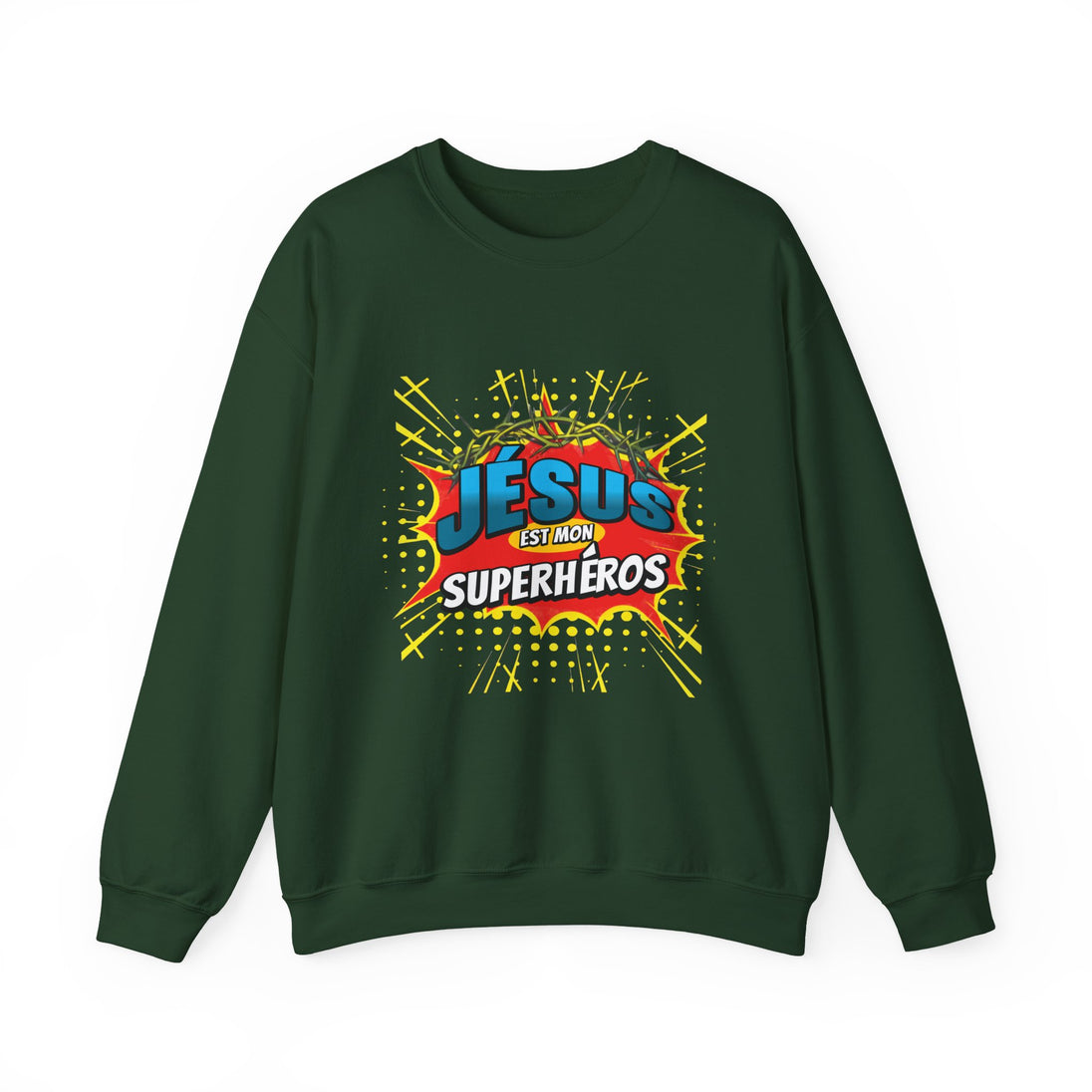 Sweat-shirt vert foncé avec une illustration style comics Jésus est mon superhéros.