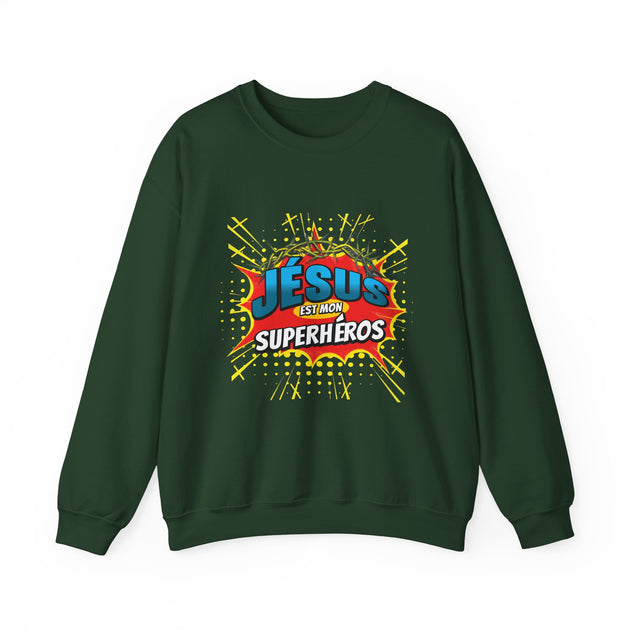 Sweat-shirt vert foncé avec une illustration style comics Jésus est mon superhéros.