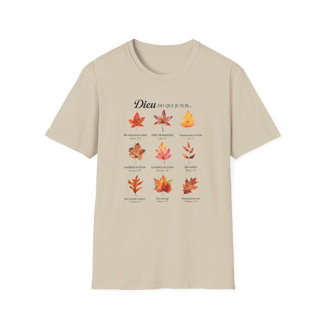 T-shirt beige pour femme orné de neuf feuilles d'automne et de textes bibliques inspirants.