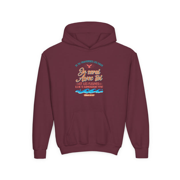 Sweat-shirt à capuche bordeaux pour enfant avec un motif imprimé inspiré de la mer sur la poitrine.