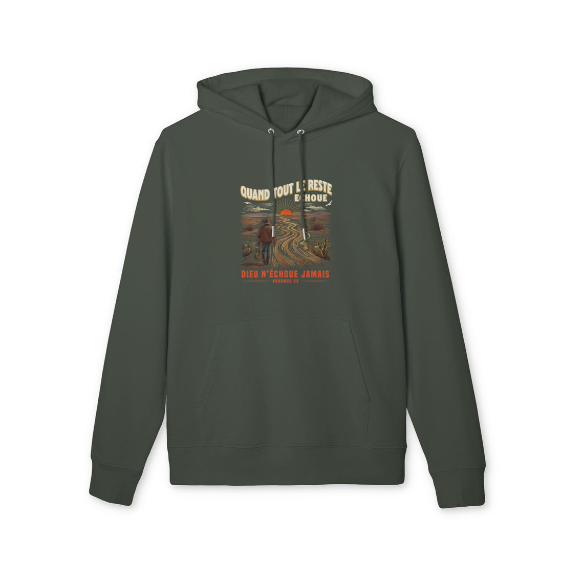 Sweat à capuche vert foncé avec une illustration de cowboy et un texte religieux sur la poitrine.