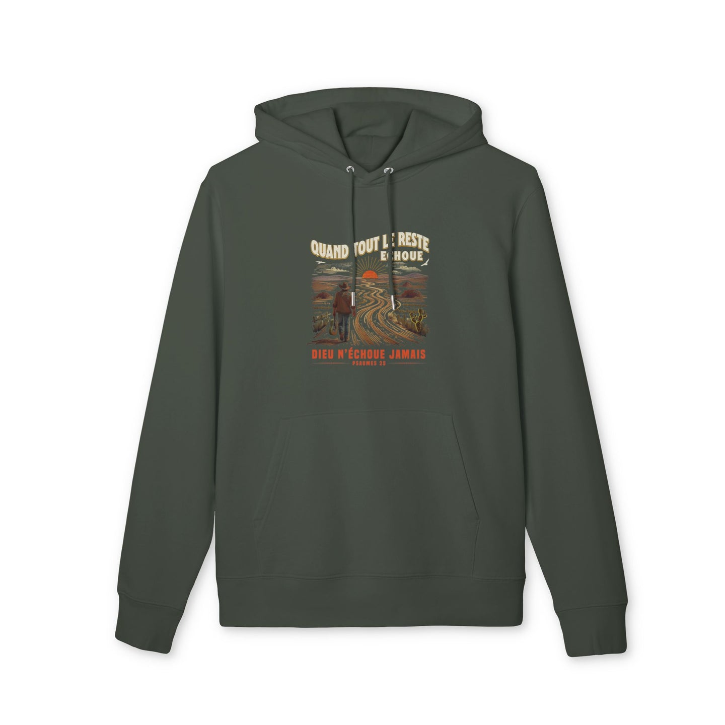 Sweat à capuche vert foncé avec une illustration de cowboy et un texte religieux sur la poitrine.