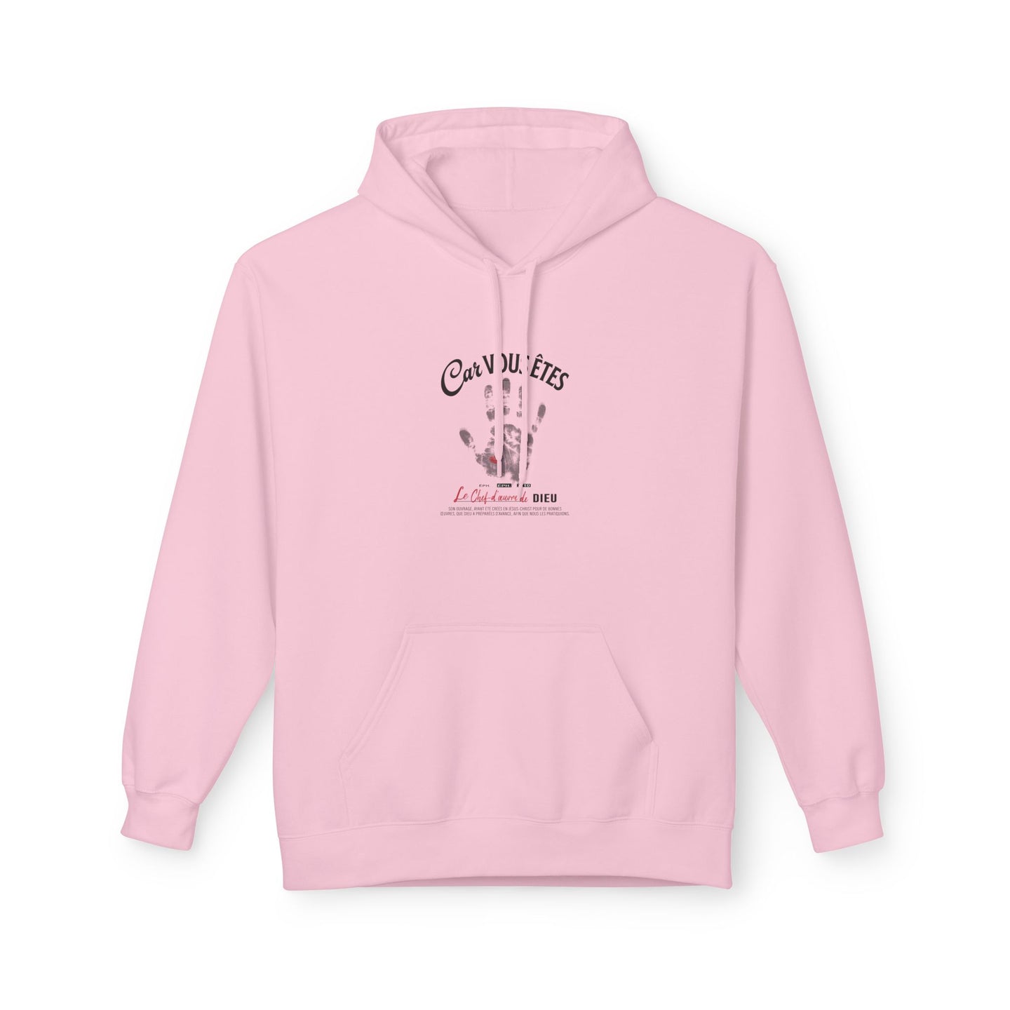 Sweat à capuche rose pour femme avec une empreinte de main et un texte religieux imprimés.