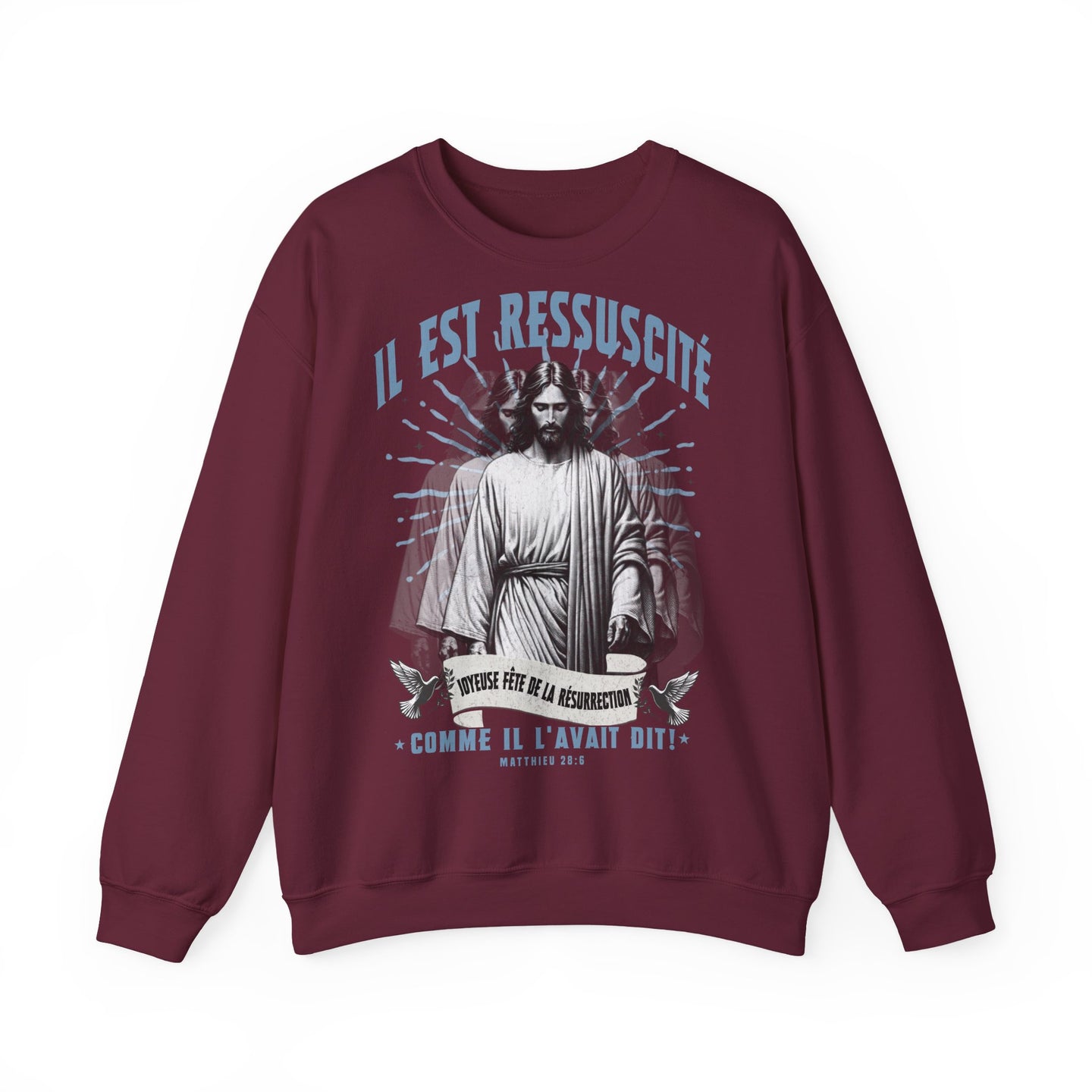 Sweat-shirt bordeaux pour homme avec une illustration religieuse et le texte Il est ressuscité.