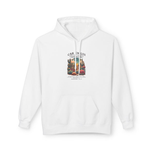 Sweat à capuche blanc pour femme avec une illustration de cactus et un texte religieux.