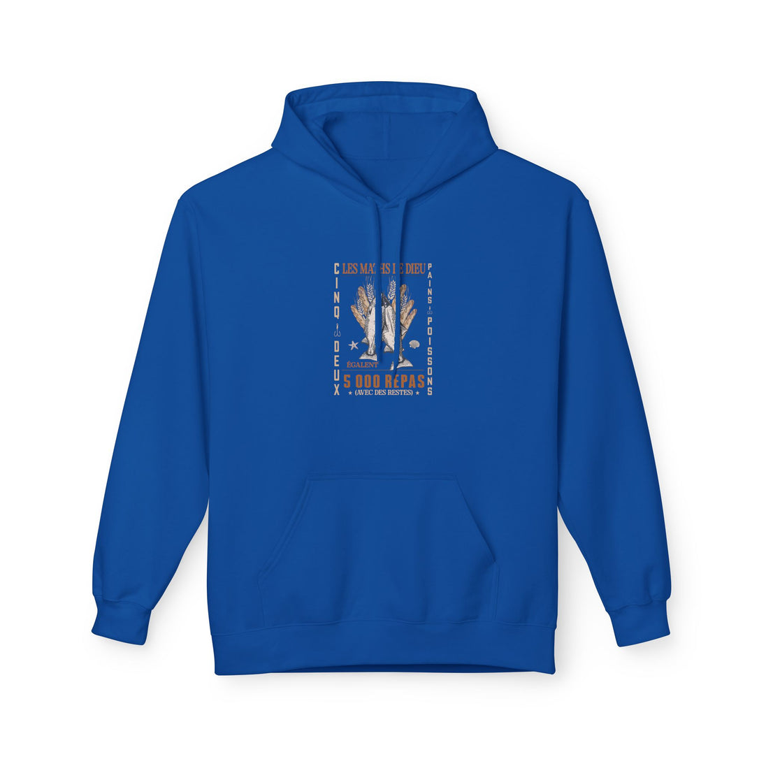 Sweat à capuche bleu roi pour femme avec une illustration graphique sur le thème des pains et poissons.