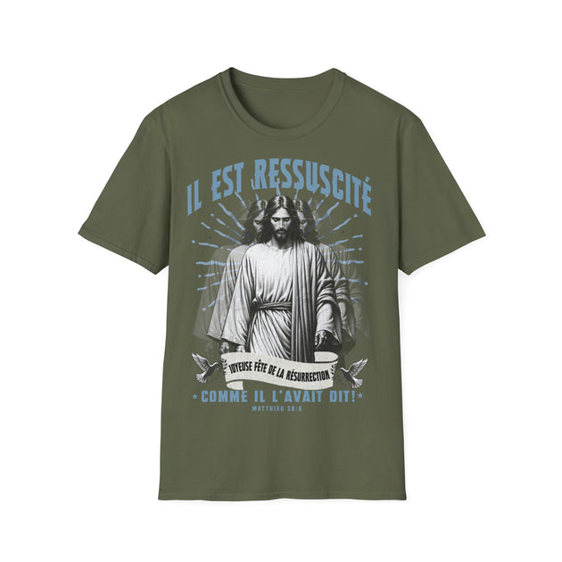 T-shirt vert olive pour homme avec une illustration de Jésus et le texte Il est ressuscité.