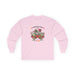 T-shirt rose à manches longues avec un motif floral et l'inscription L'amour de Dieu dure toujours.