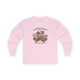 T-shirt rose à manches longues avec un motif floral et l'inscription L'amour de Dieu dure toujours.