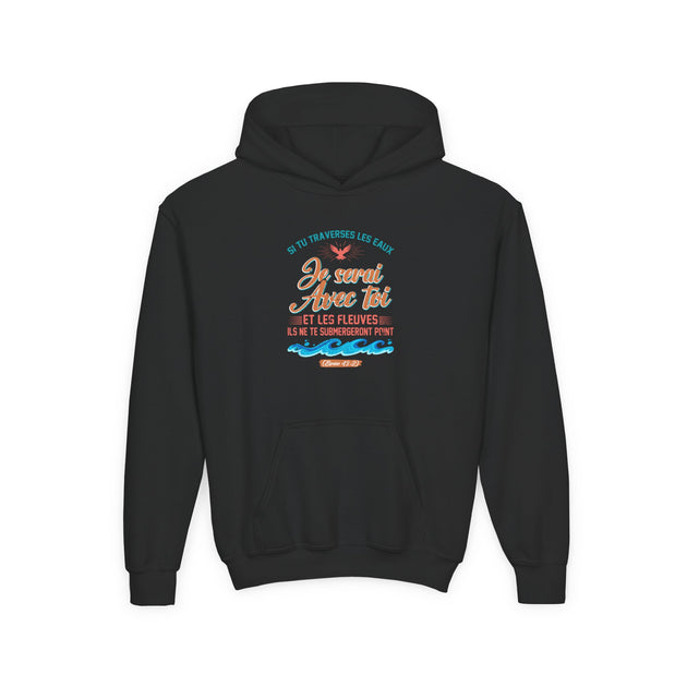Sweat-shirt à capuche noir pour enfant avec un motif religieux et des vagues sur la poitrine.