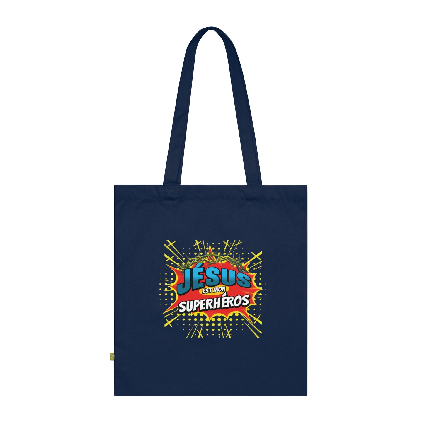 Tote bag bleu marine en coton biologique avec l'inscription Jésus est mon superhéros.