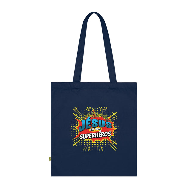 Tote bag bleu marine en coton biologique avec l'inscription Jésus est mon superhéros.