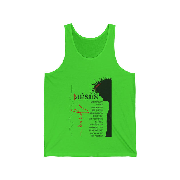 Débardeur vert vif pour homme avec une illustration noire de Jésus et des inscriptions en français.