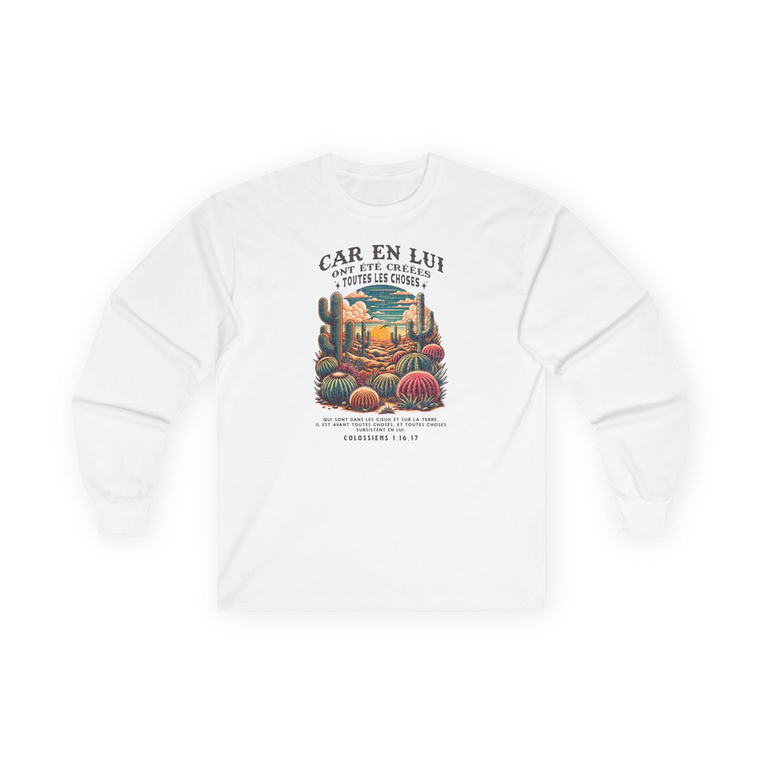 T-shirt blanc à manches longues pour femme avec une illustration de désert et un texte biblique.