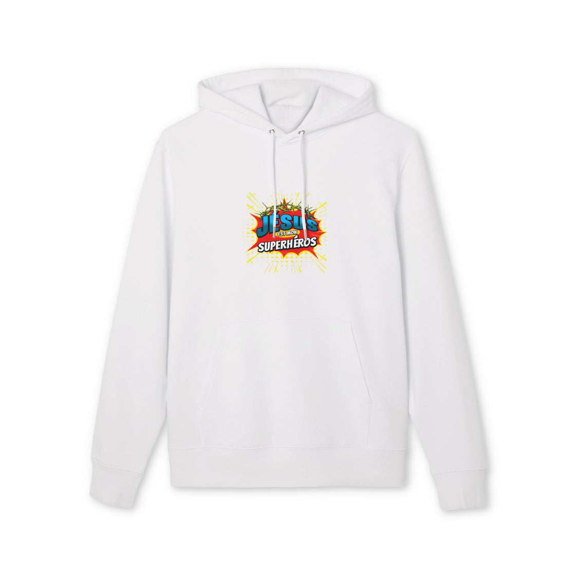 Sweat à capuche blanc en coton bio avec le motif Jesus est mon superhéros sur la poitrine.