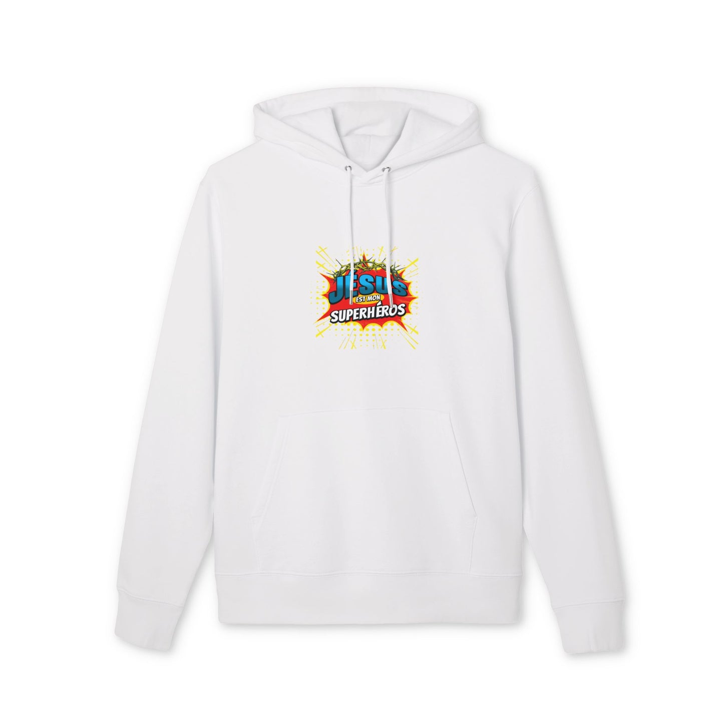 Sweat à capuche blanc en coton bio avec le motif Jesus est mon superhéros sur la poitrine.
