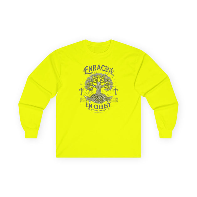 T-shirt jaune fluo à manches longues avec un motif d'arbre et le texte Enraciné en Christ.
