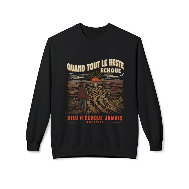 Sweat-shirt noir à col rond avec une illustration de cowboy et un message religieux en français.