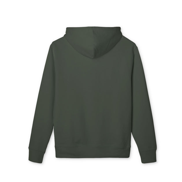 Vue arrière d'un sweat à capuche uni de couleur vert foncé.