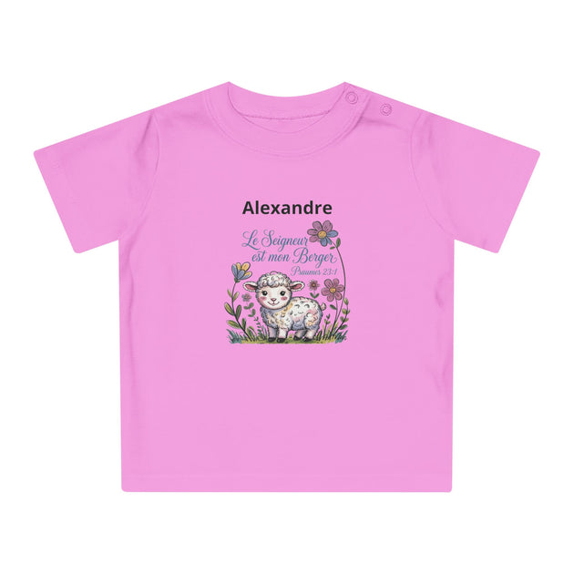 T-shirt rose pour bébé avec l'illustration d'un agneau, des fleurs et le texte Le Seigneur est mon Berger.