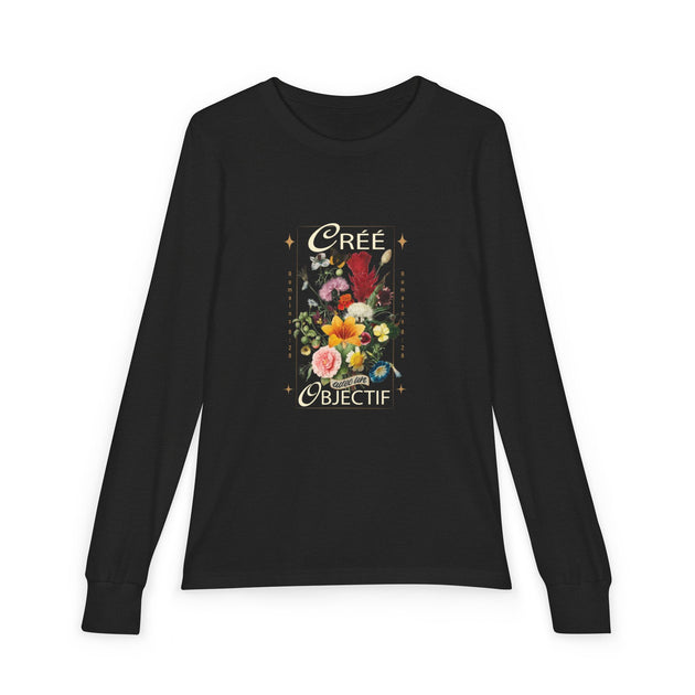 T-shirt noir à manches longues pour enfant avec un imprimé floral et le texte Créé avec un objectif.