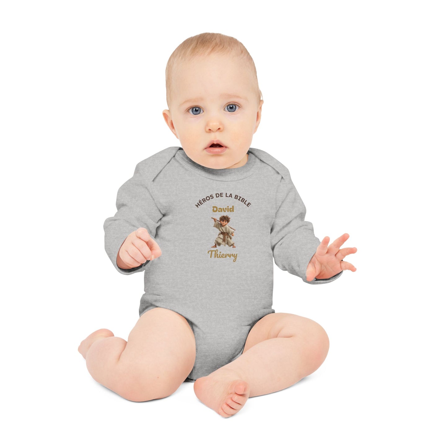 Body bébé gris manches longues personnalisé, motif David Héros de la Bible en coton bio.