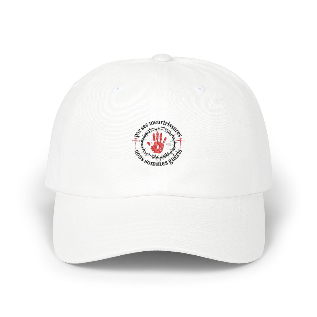Casquette blanche en coton avec un logo imprimé représentant une main rouge et du texte français.